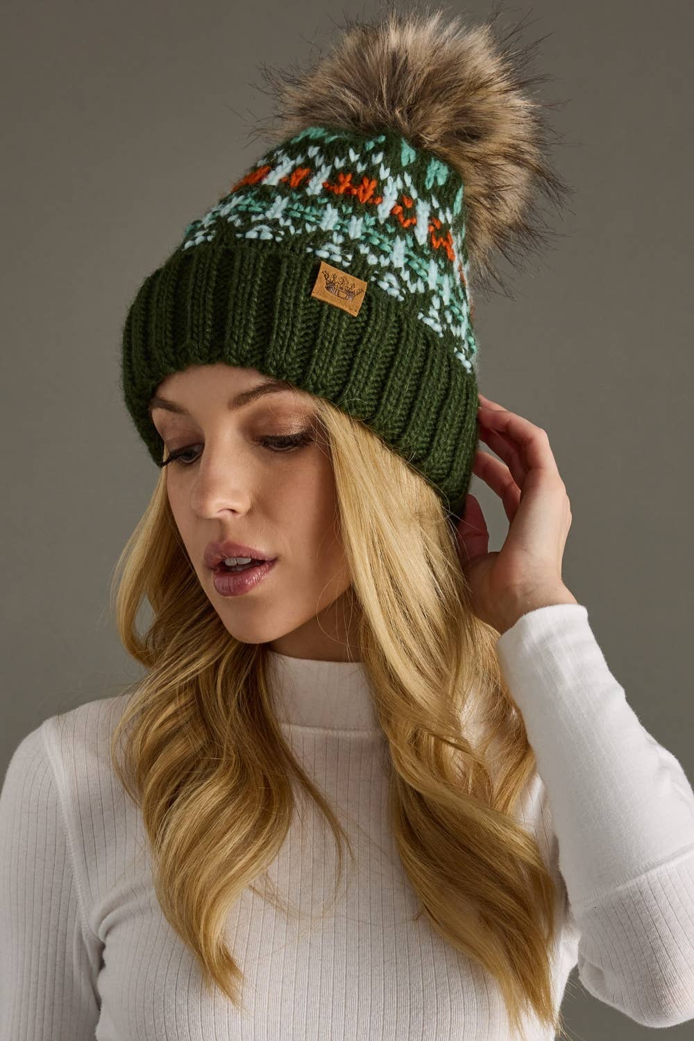 Olive, Lt. Blue, Mint & Orange Patterned Pom Hat