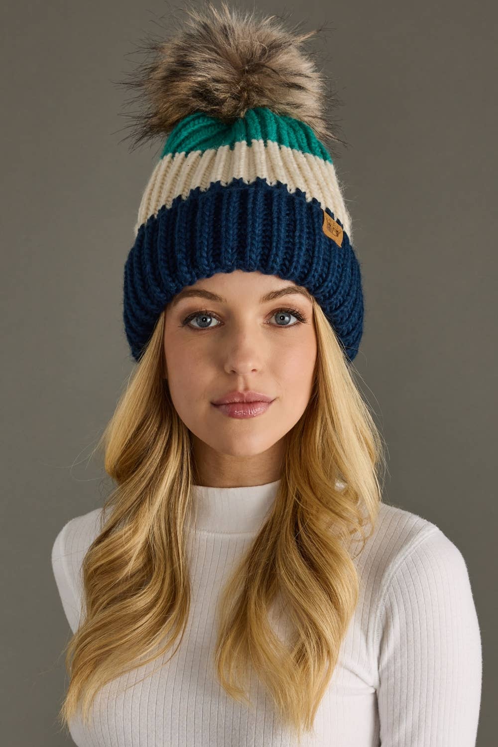 Green, Beige & Navy Color Block Pom Hat