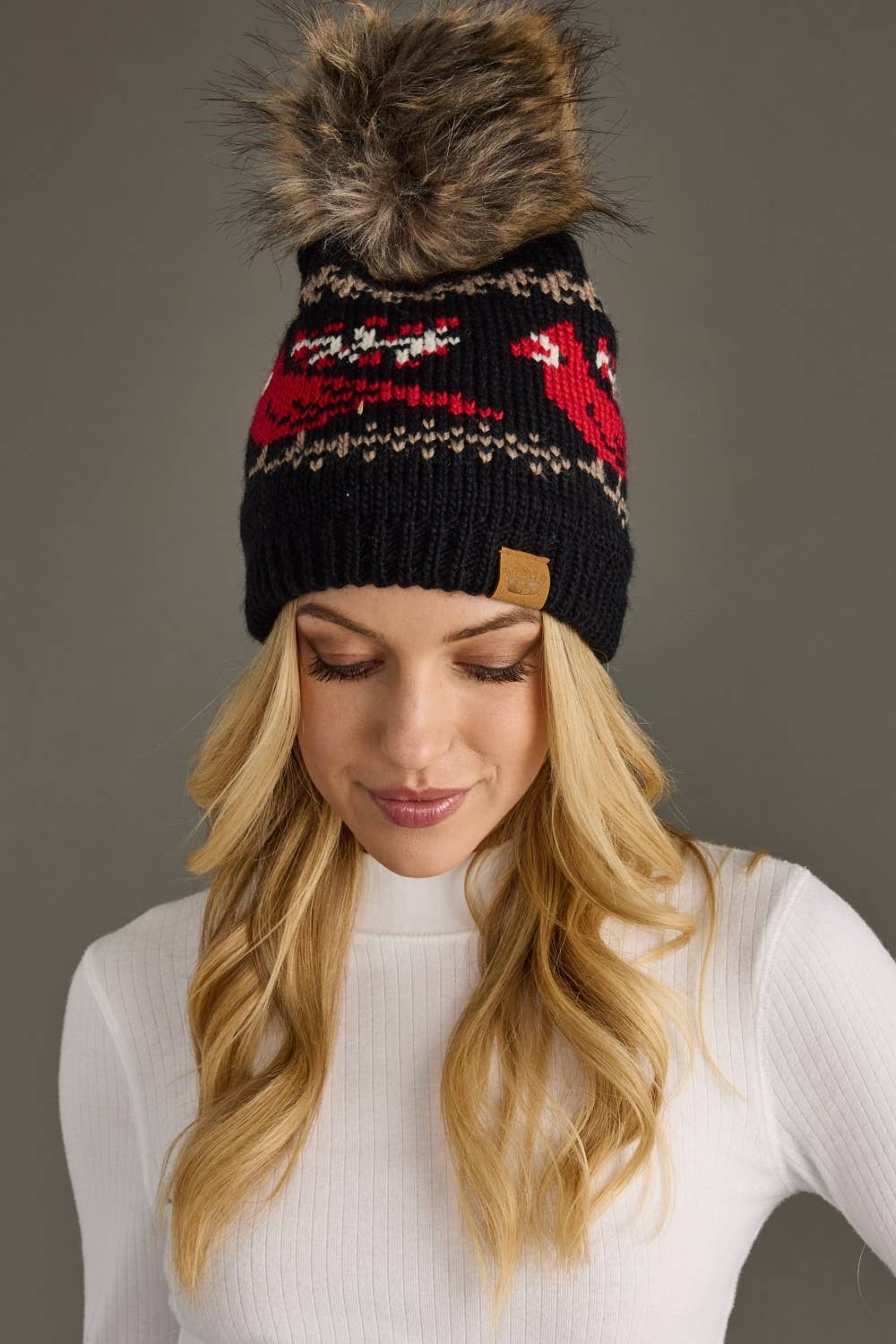 Black Cardinal Pattern Pom Hat