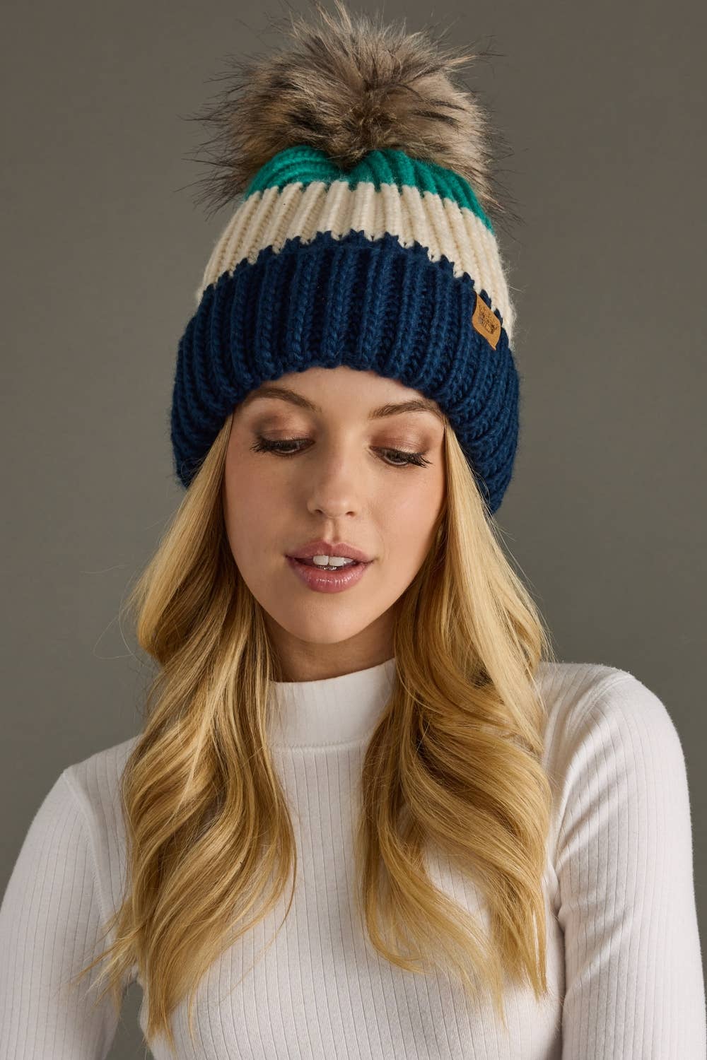 Green, Beige & Navy Color Block Pom Hat
