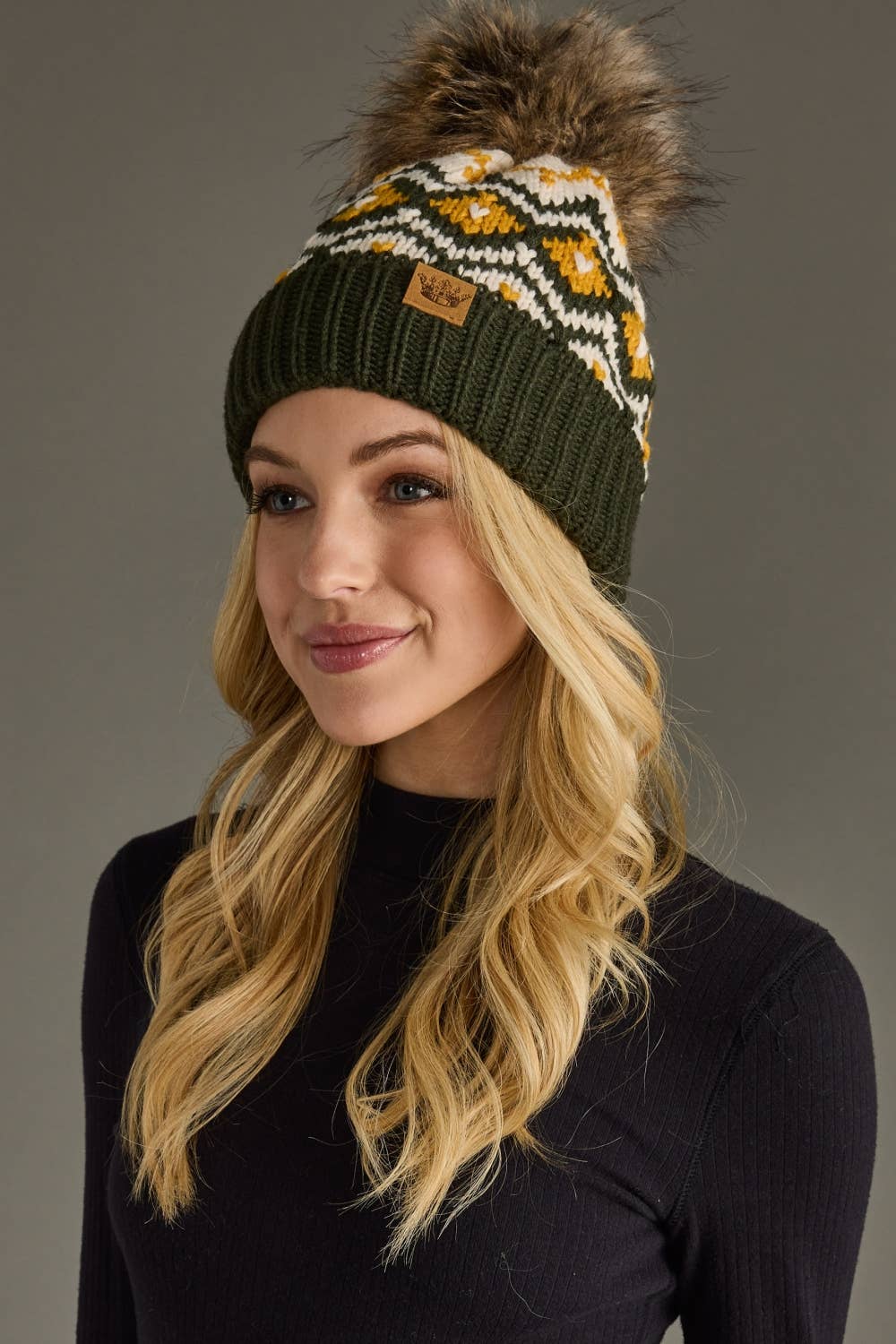 Olive, Cream & Mustard Patterned Pom Hat