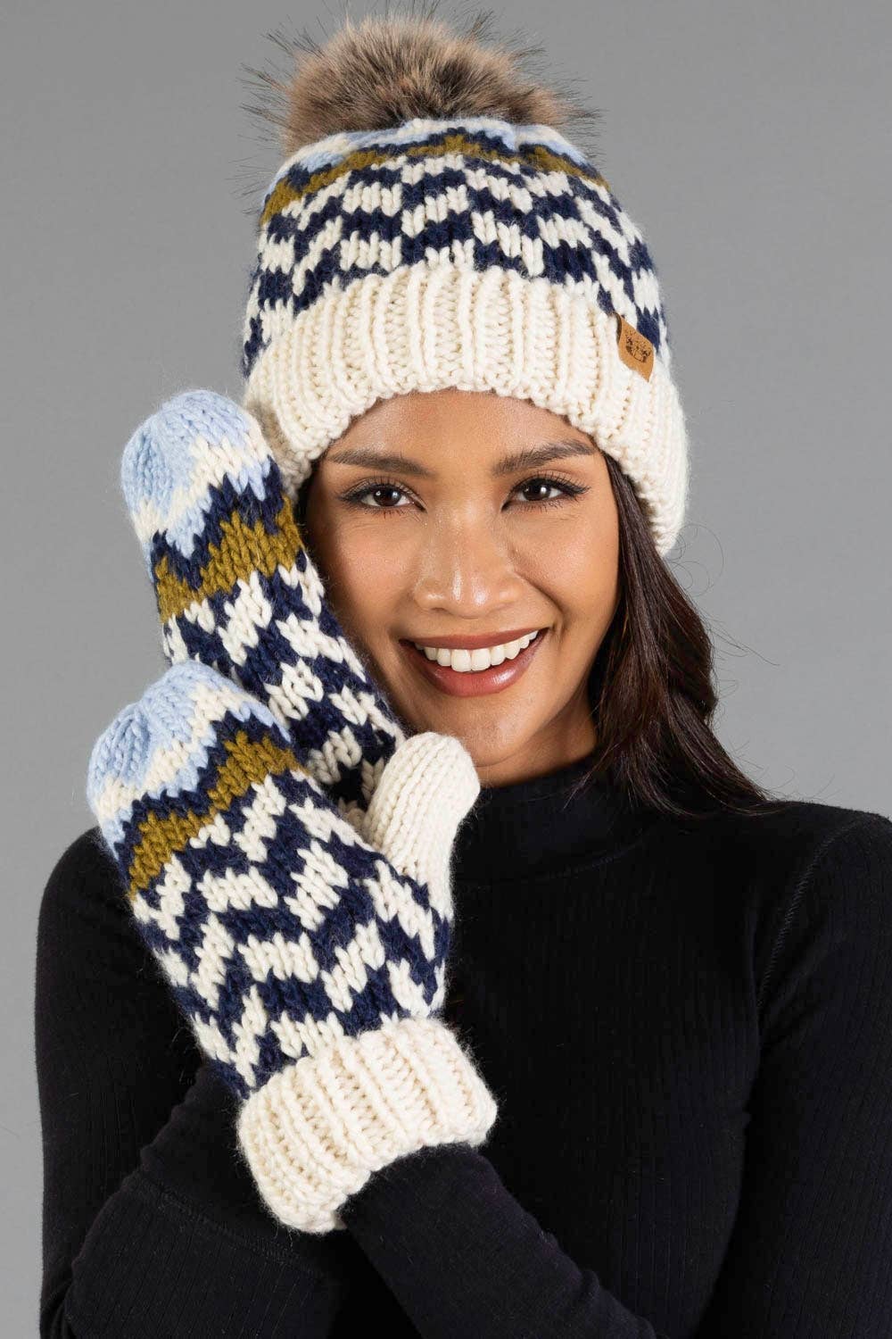 Beige, Navy & Lt. Blue Mittens