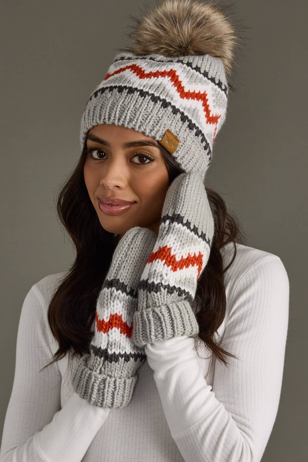 Gray, Red & White Patterned Mittens