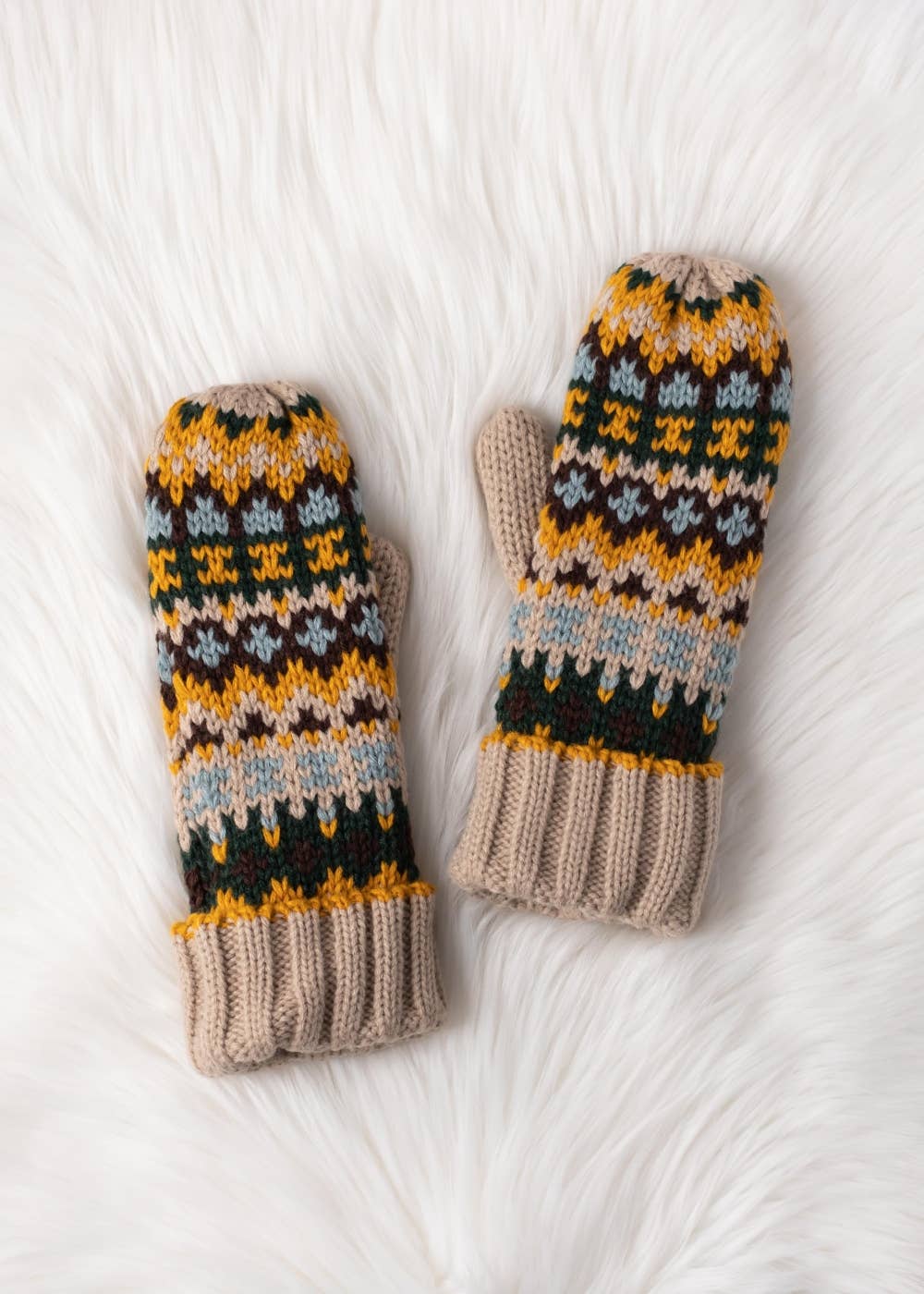 Taupe & Multicolored Patterned Mittens