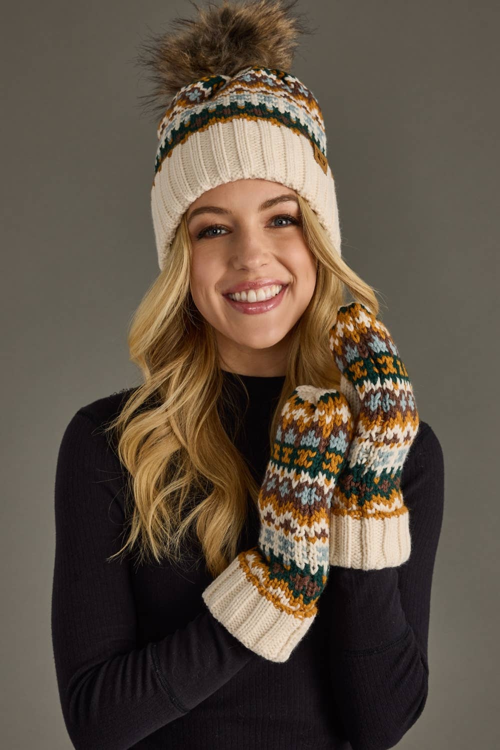 Cream & Multicolored Patterned Mittens