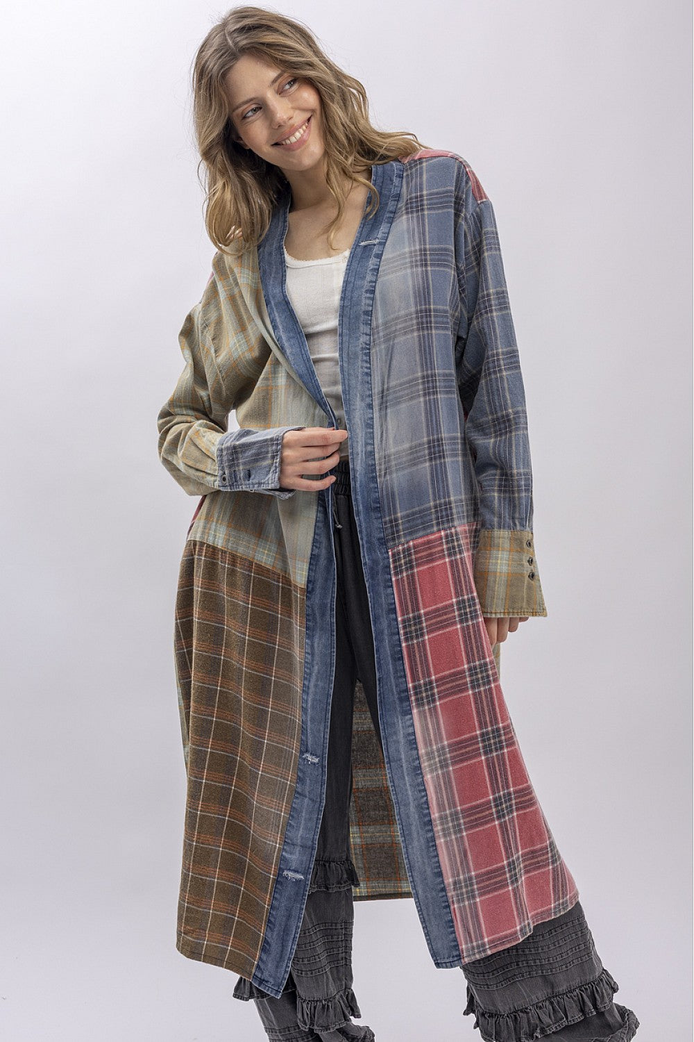 Open Front Plaid Duster