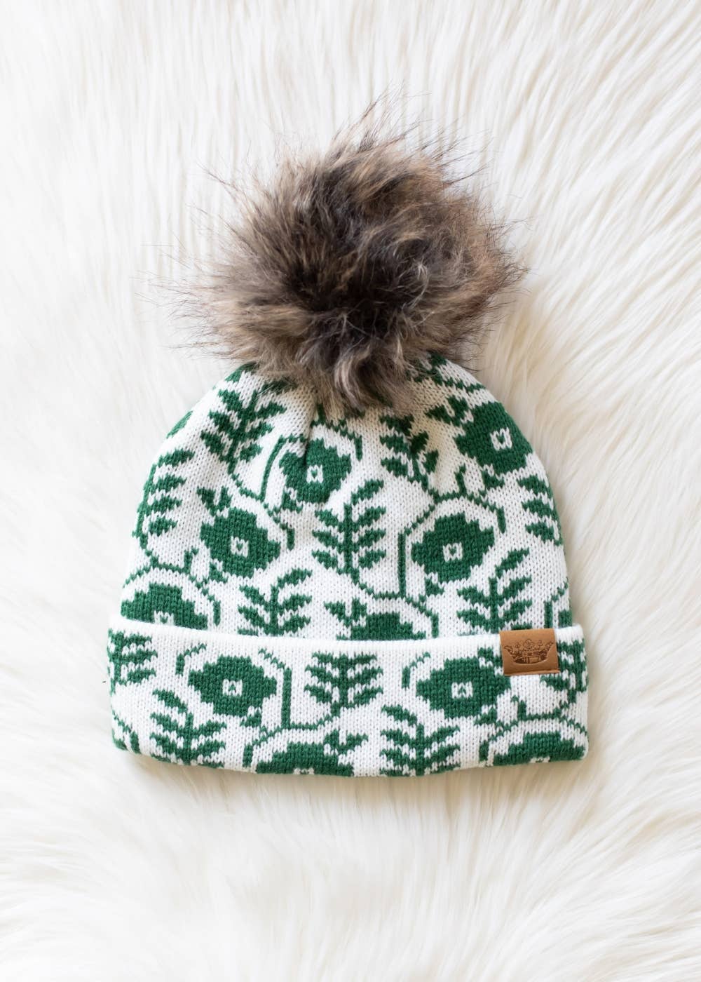Ivory & Green Floral Pattern Pom Hat
