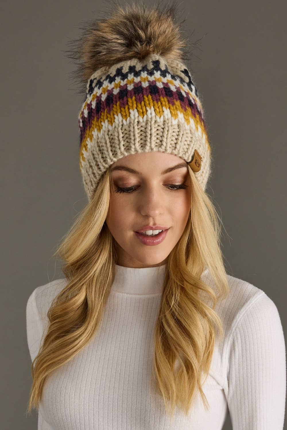 Beige, Navy & Mustard Patterned Pom Hat