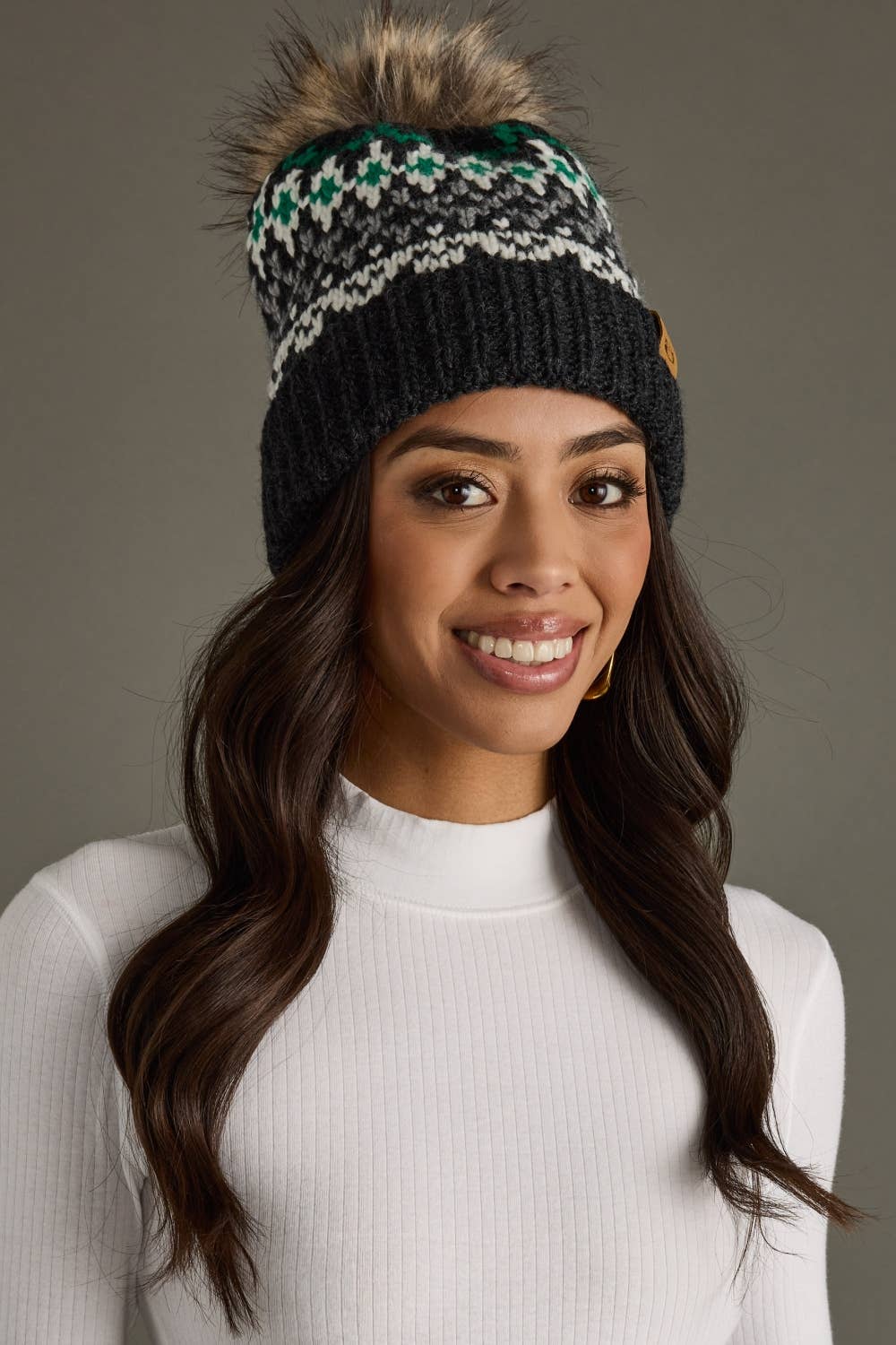 Dk. Gray, White & Green Winter Pattern Pom Hat