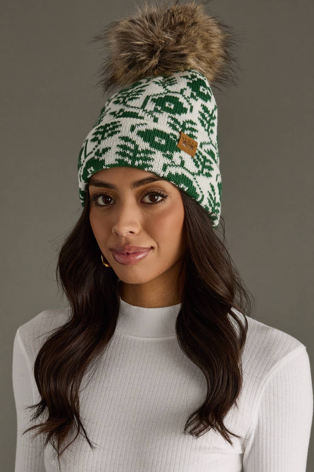 Ivory & Green Floral Pattern Pom Hat