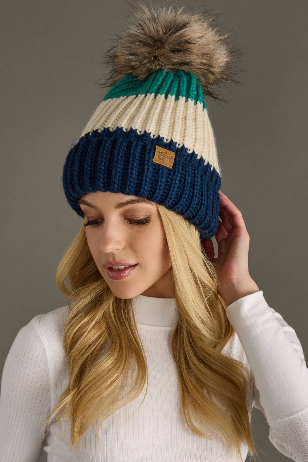 Green, Beige & Navy Color Block Pom Hat