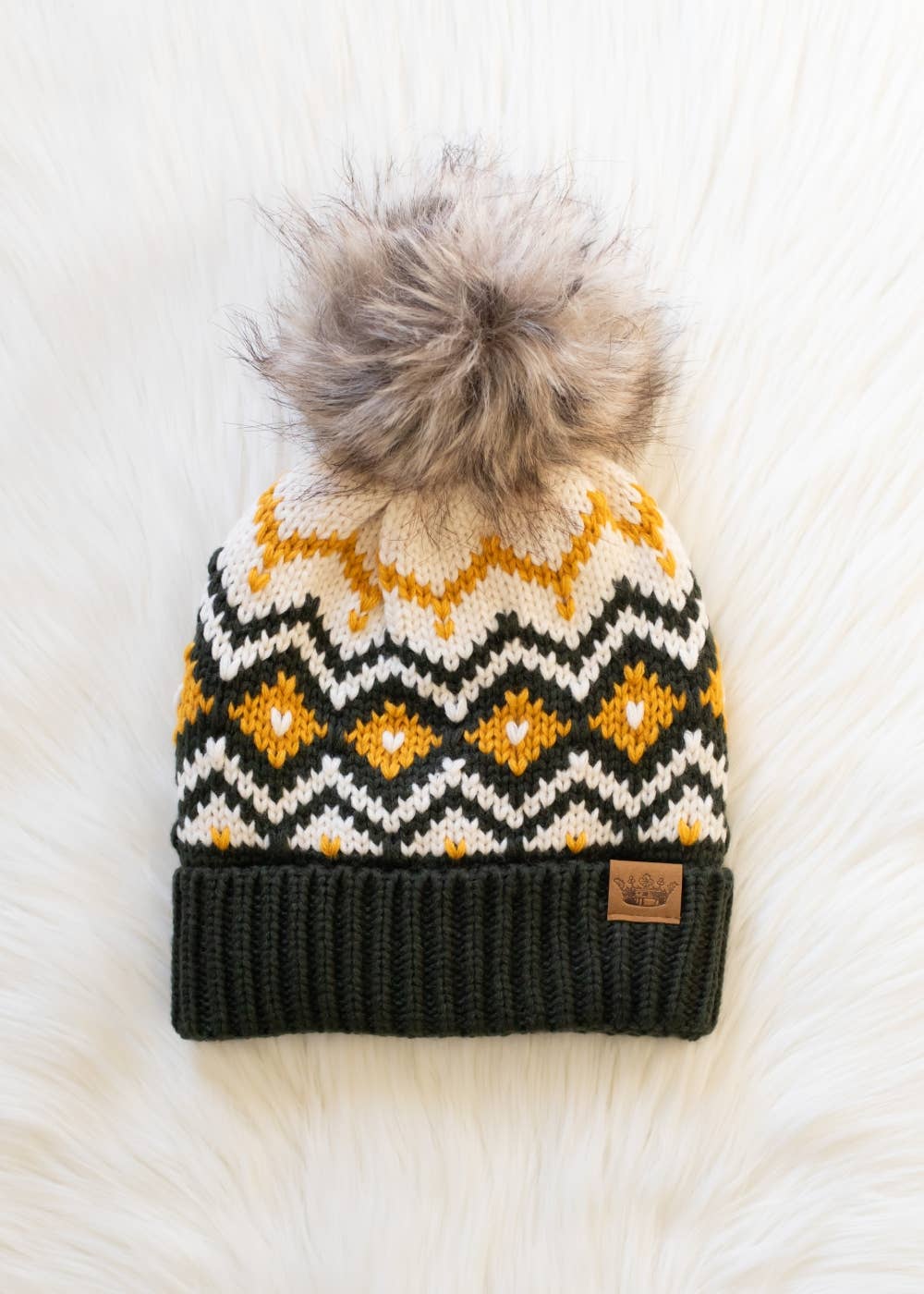 Olive, Cream & Mustard Patterned Pom Hat