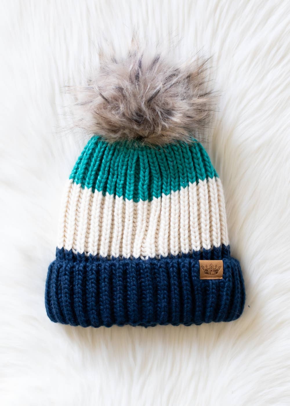 Green, Beige & Navy Color Block Pom Hat