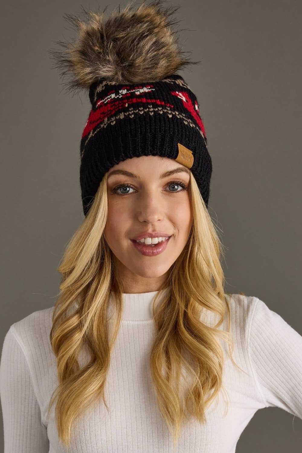 Black Cardinal Pattern Pom Hat