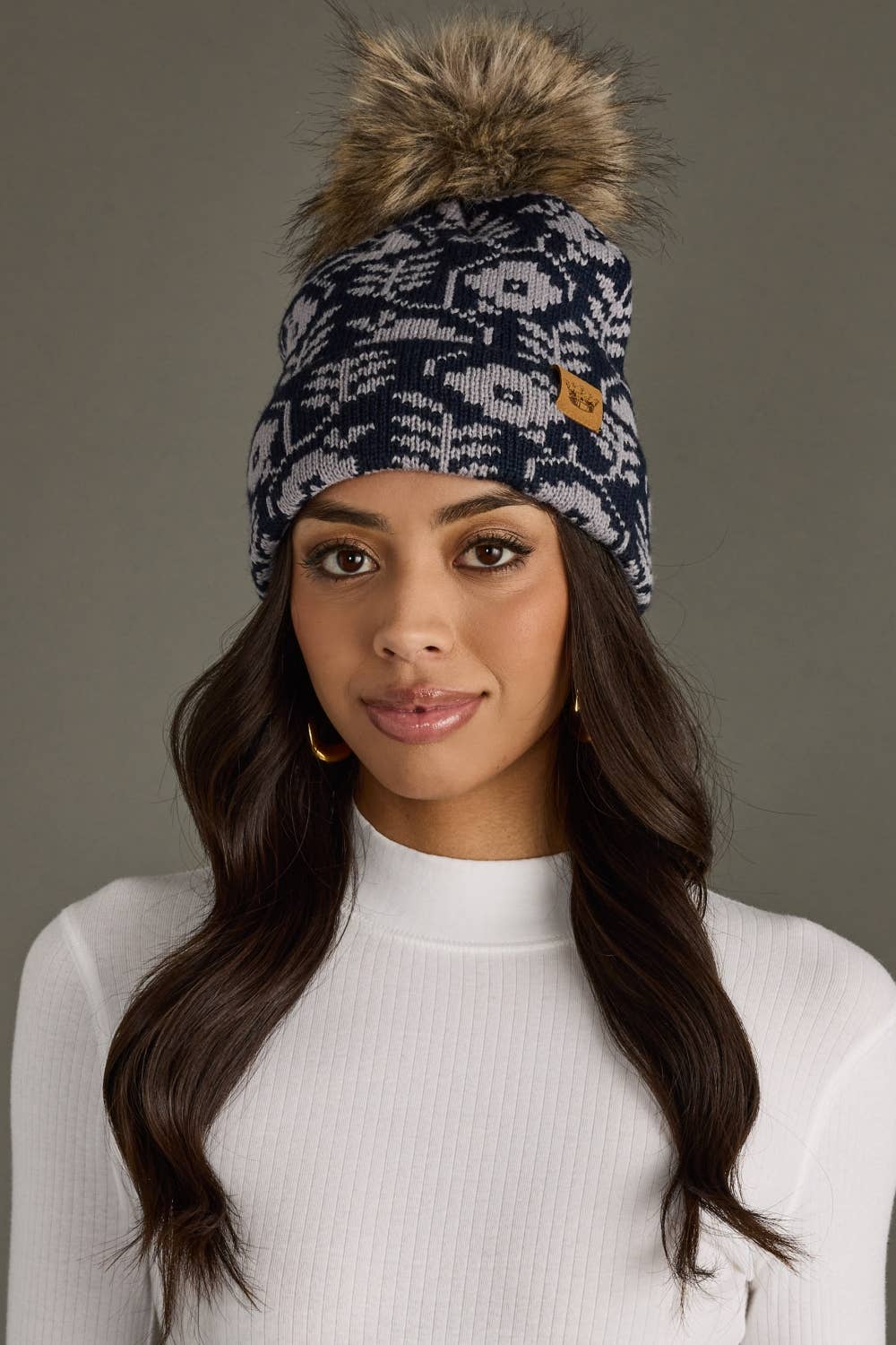 Navy & Gray Floral Pattern Pom Hat