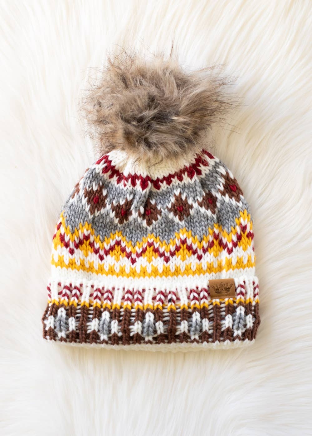 White, Red & Gold Patterned Pom Hat