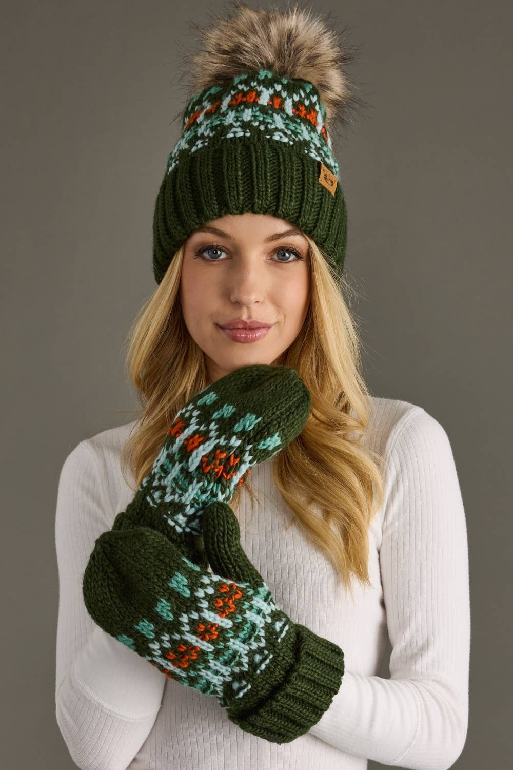 Olive, Lt. Blue, Mint & Orange Patterned Pom Hat