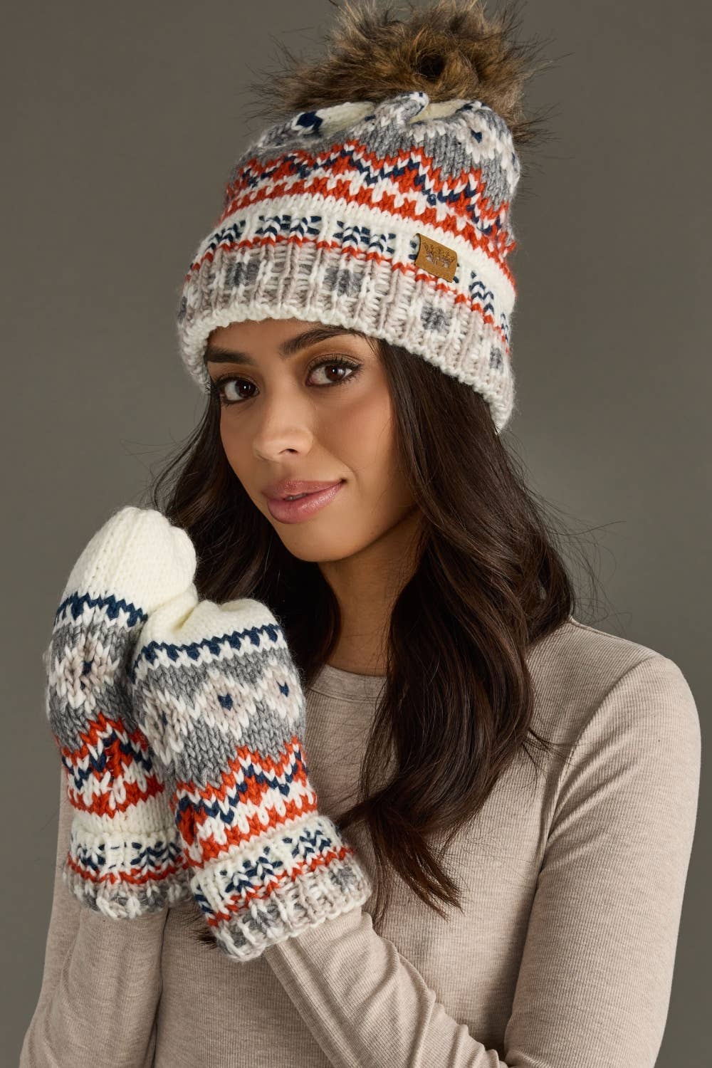 White, Navy & Orange Patterned Pom Hat