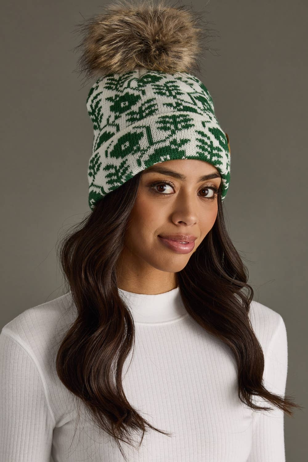 Ivory & Green Floral Pattern Pom Hat