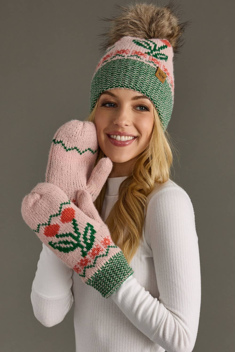 Lt. Pink Cherry Pattern Mittens