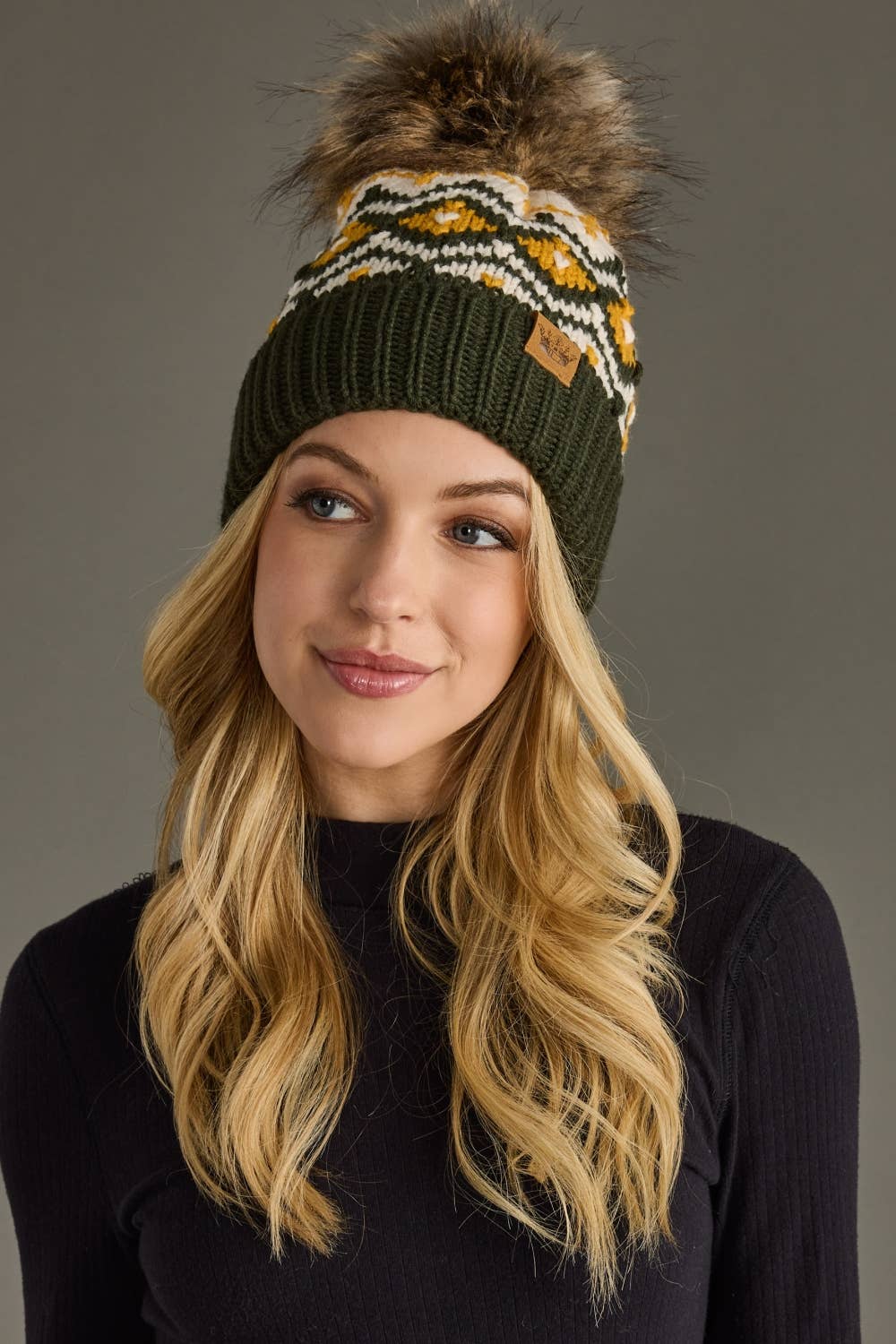 Olive, Cream & Mustard Patterned Pom Hat
