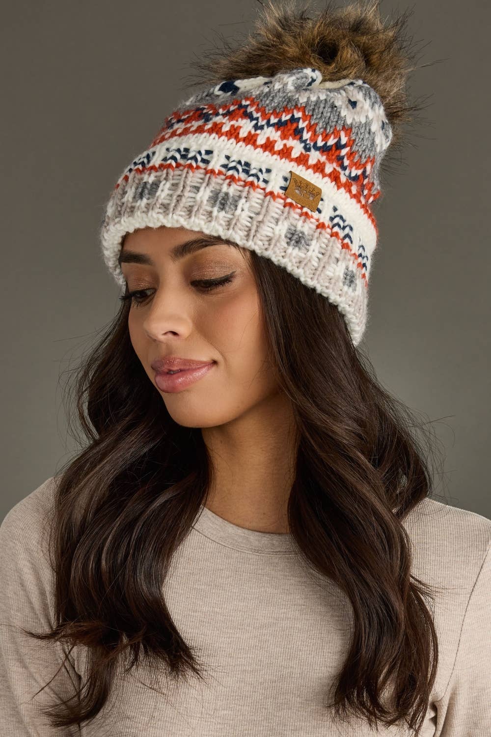 White, Navy & Orange Patterned Pom Hat