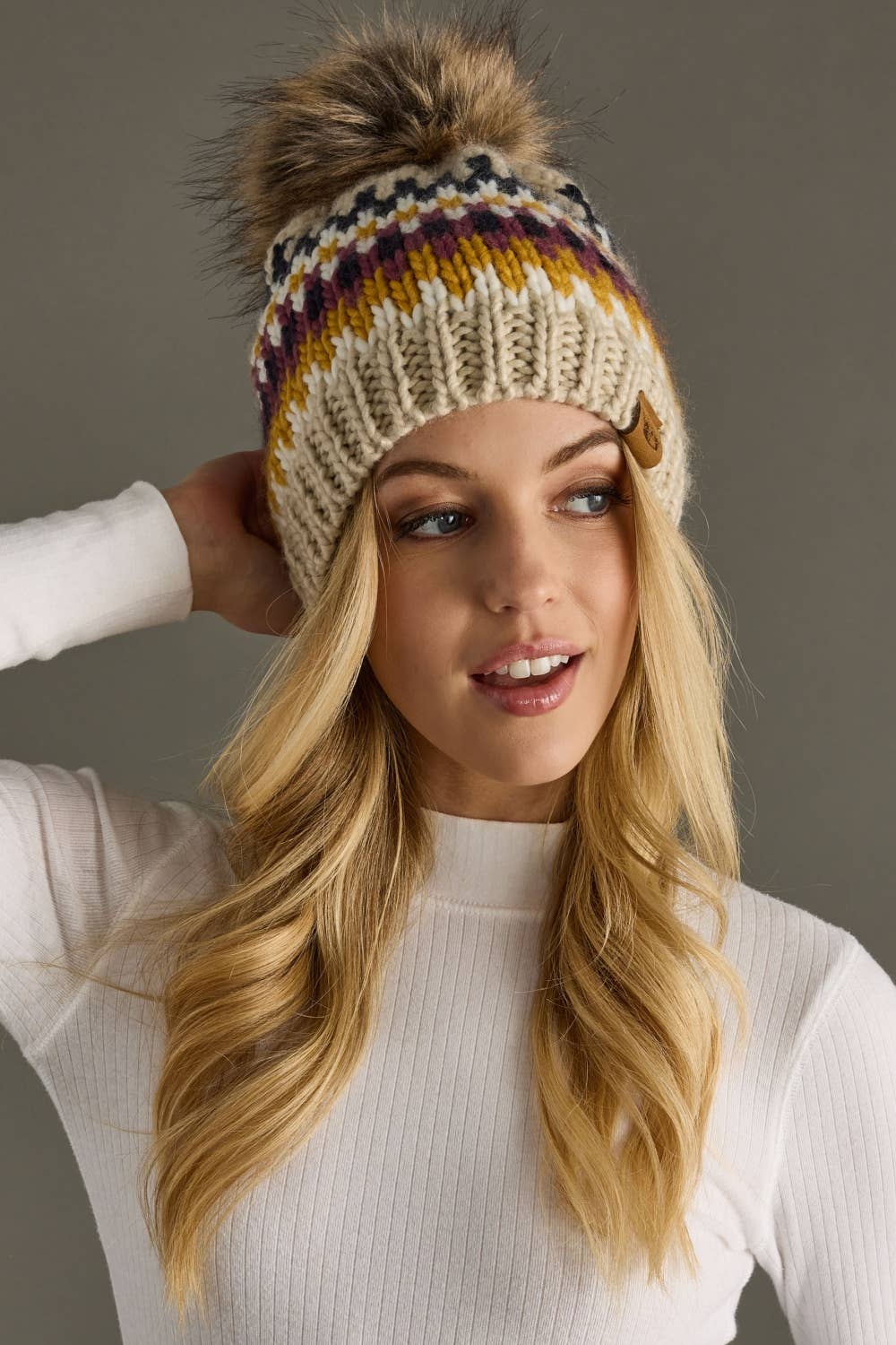Beige, Navy & Mustard Patterned Pom Hat