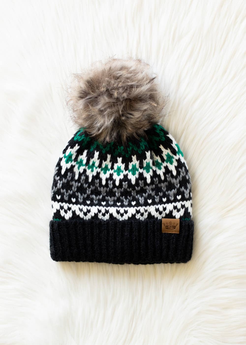 Dk. Gray, White & Green Winter Pattern Pom Hat