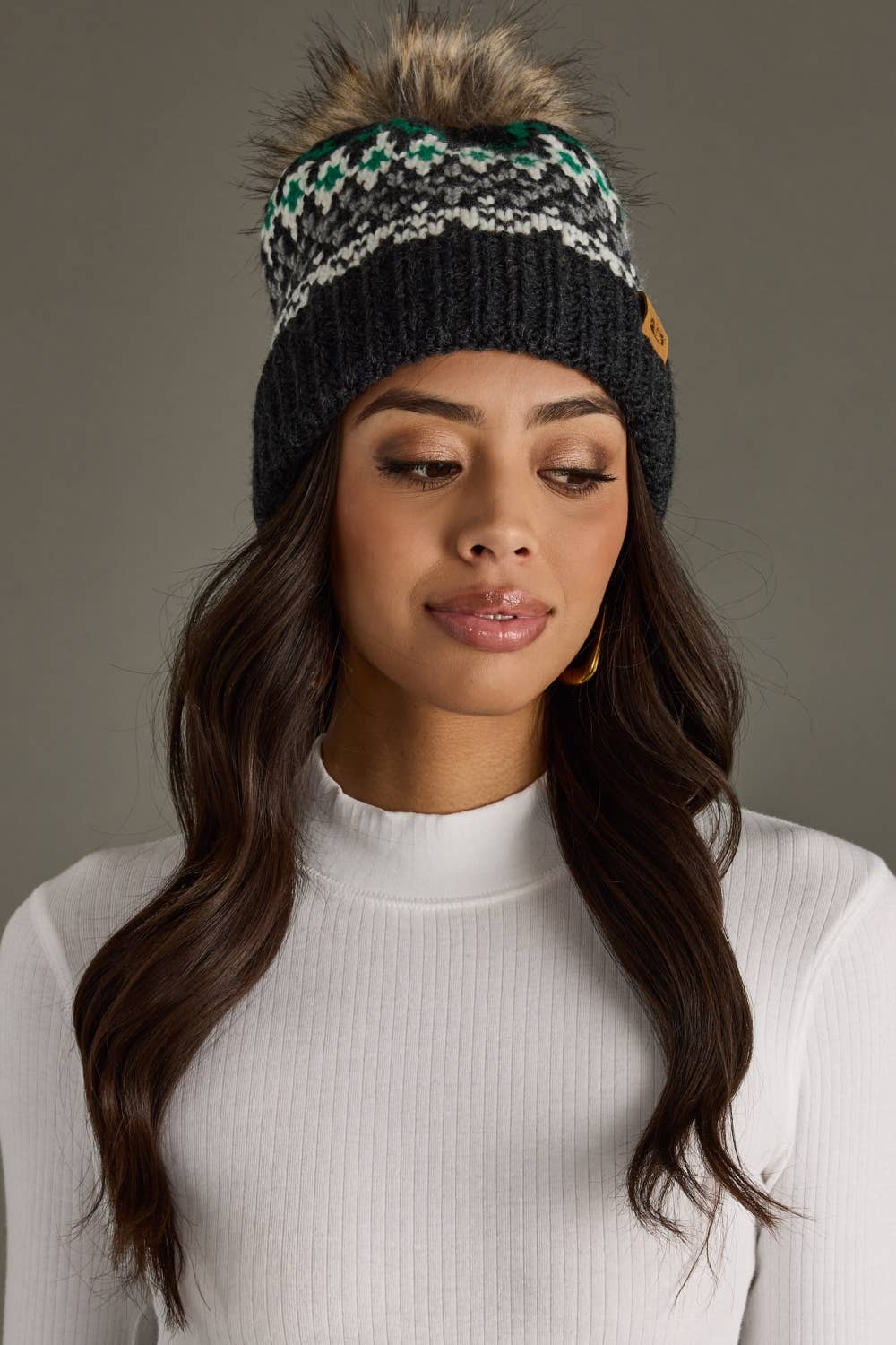 Dk. Gray, White & Green Winter Pattern Pom Hat
