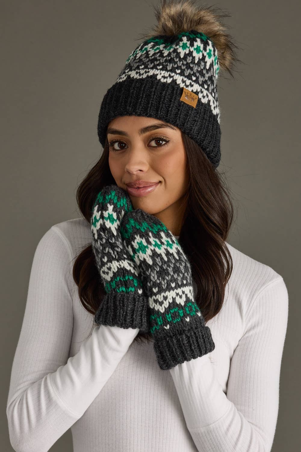 Dk. Gray, White & Green Winter Pattern Pom Hat