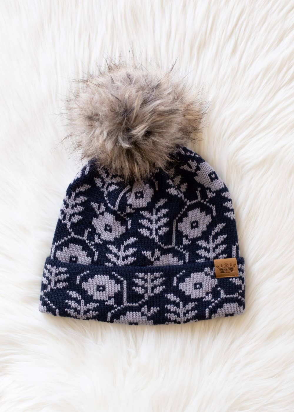 Navy & Gray Floral Pattern Pom Hat