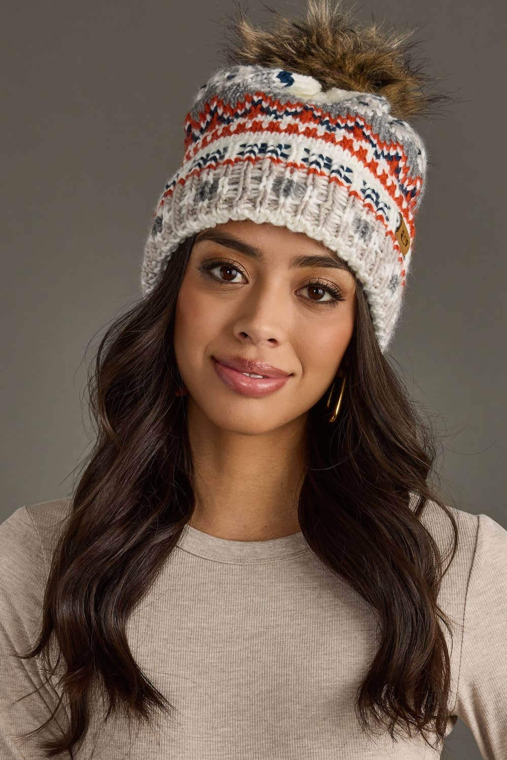White, Navy & Orange Patterned Pom Hat