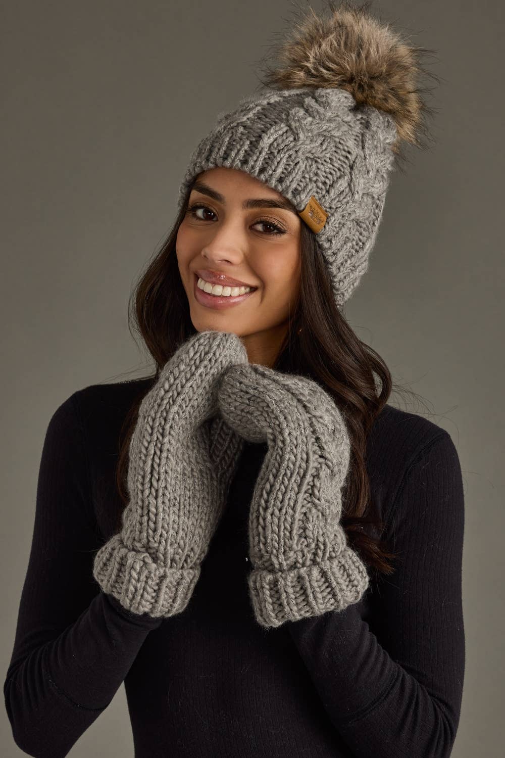Gray Cable Knit Pom Hat