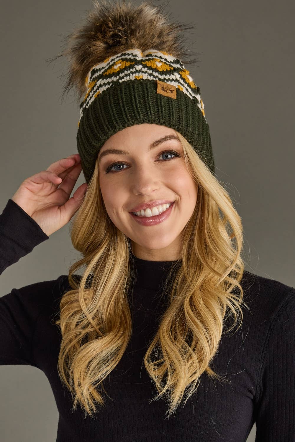 Olive, Cream & Mustard Patterned Pom Hat