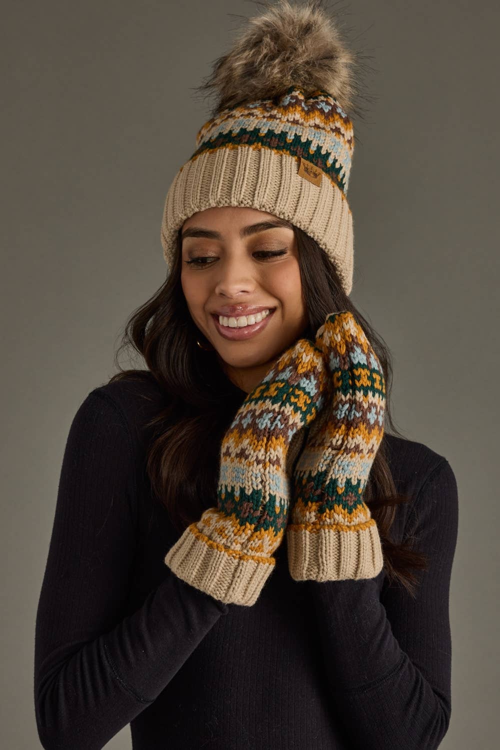 Taupe & Multicolored Patterned Mittens