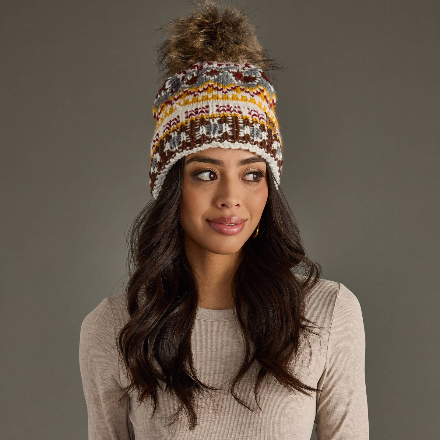 White, Red & Gold Patterned Pom Hat