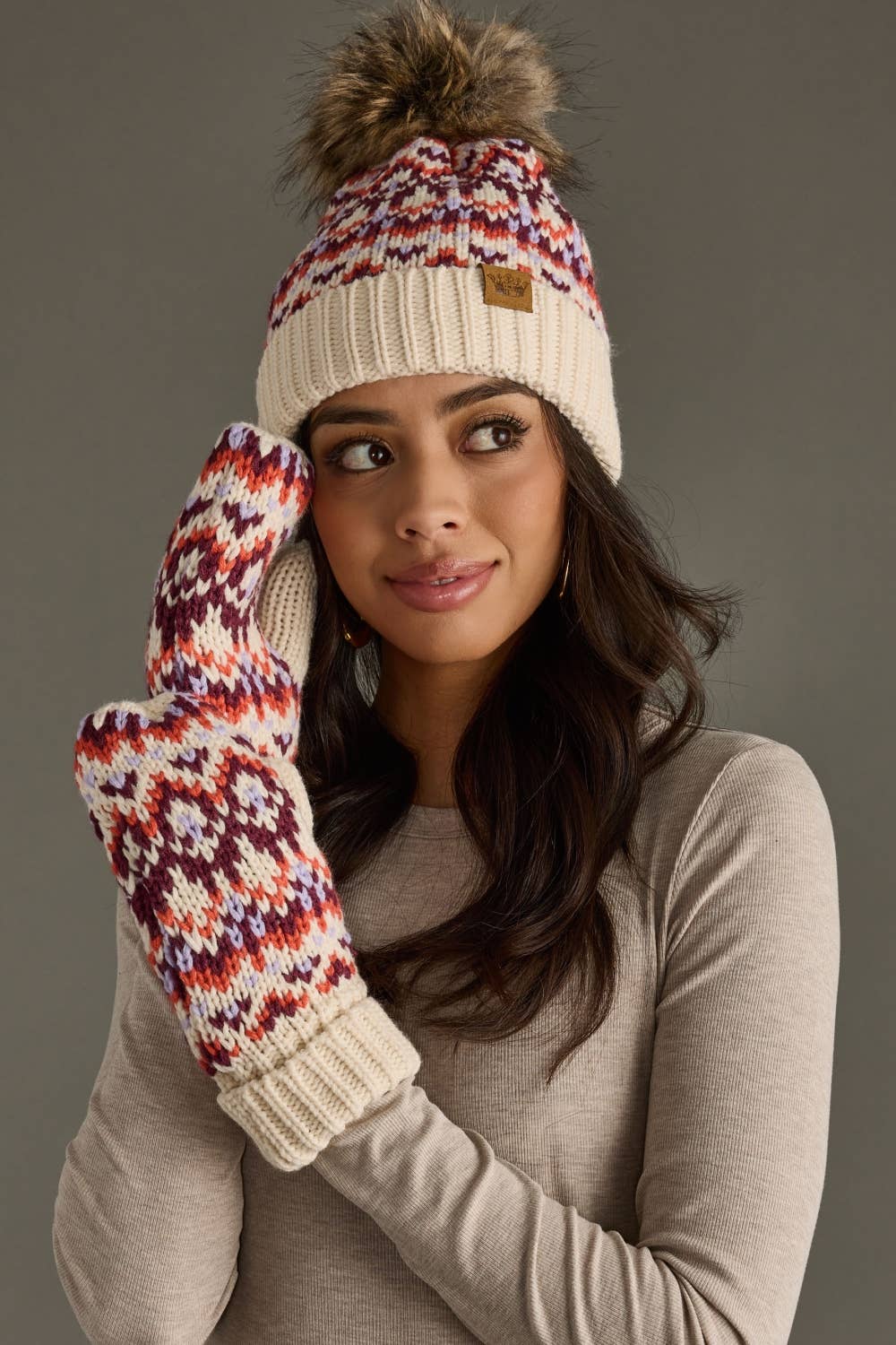 Beige, Lilac & Orange Patterned Mittens