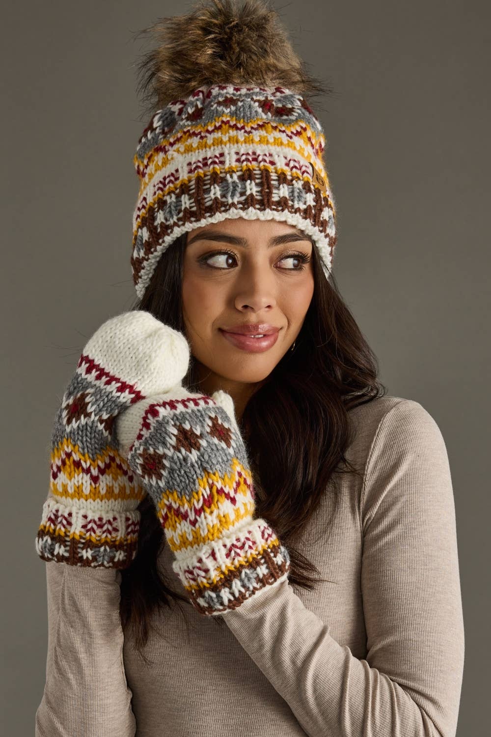 White, Red & Gold Patterned Pom Hat