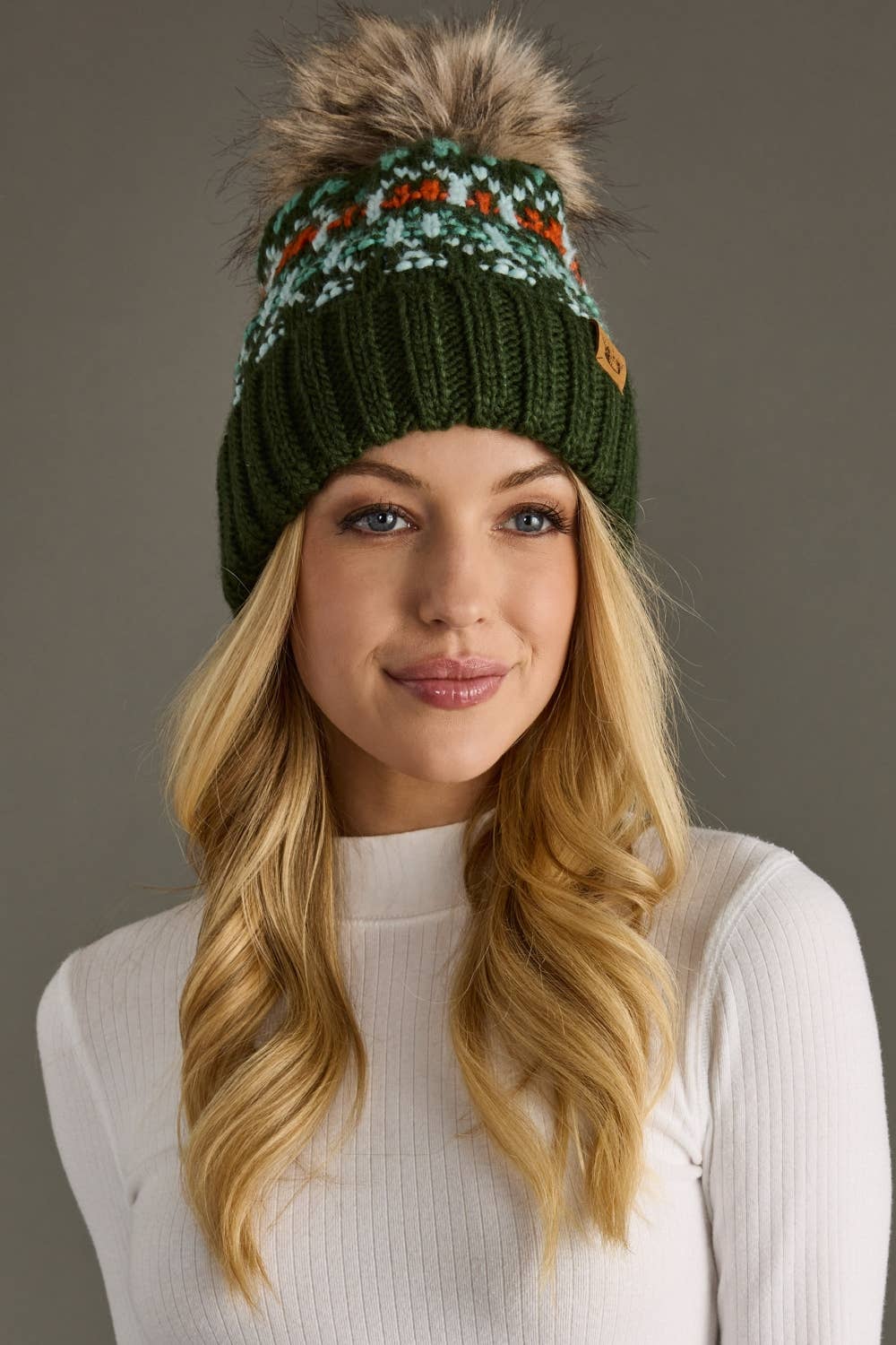 Olive, Lt. Blue, Mint & Orange Patterned Pom Hat