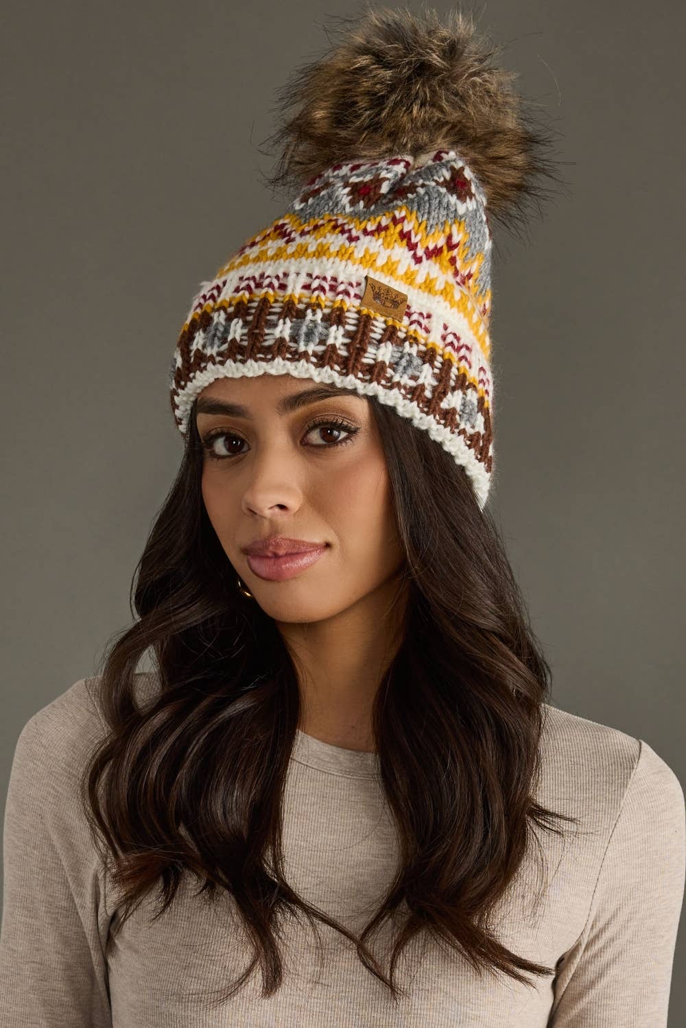 White, Red & Gold Patterned Pom Hat