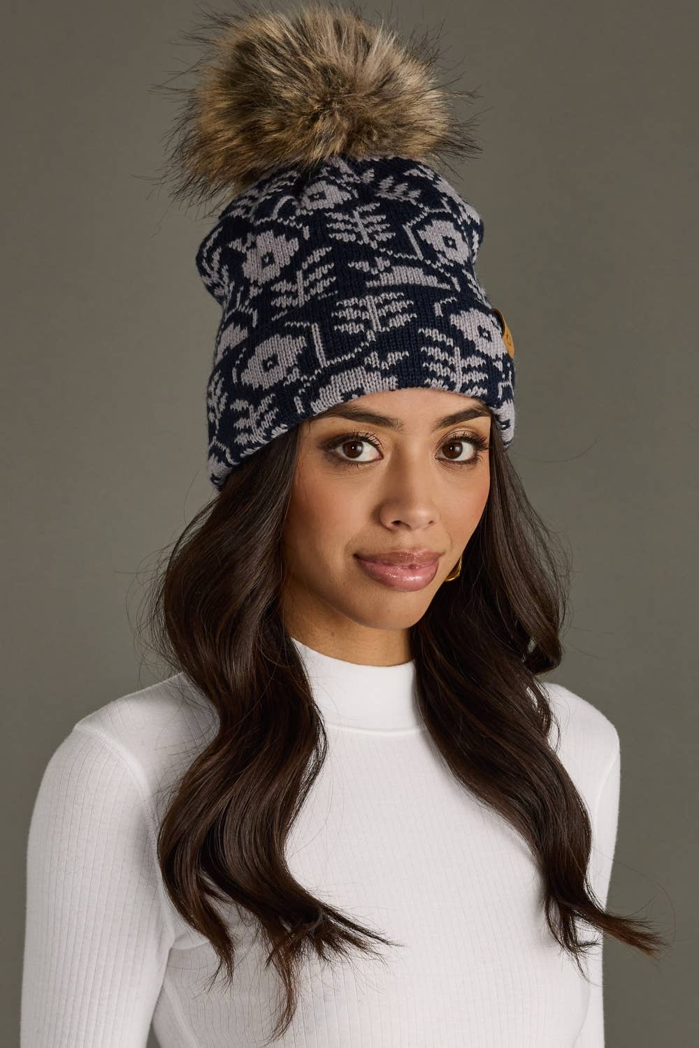 Navy & Gray Floral Pattern Pom Hat