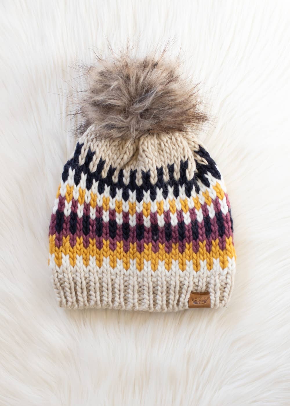 Beige, Navy & Mustard Patterned Pom Hat