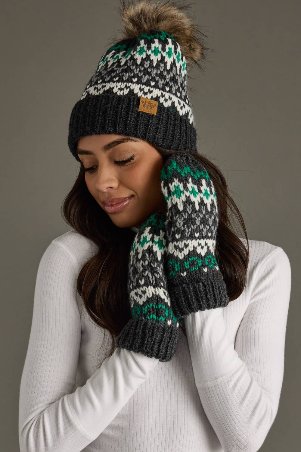 Dk. Gray, White & Green Winter Pattern Pom Hat