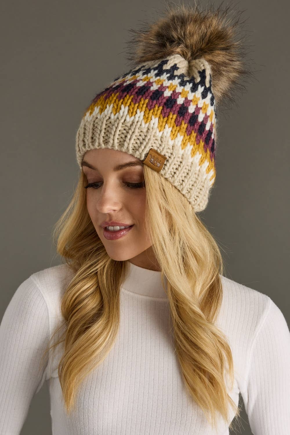 Beige, Navy & Mustard Patterned Pom Hat