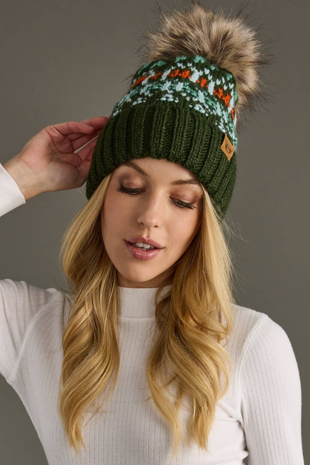 Olive, Lt. Blue, Mint & Orange Patterned Pom Hat