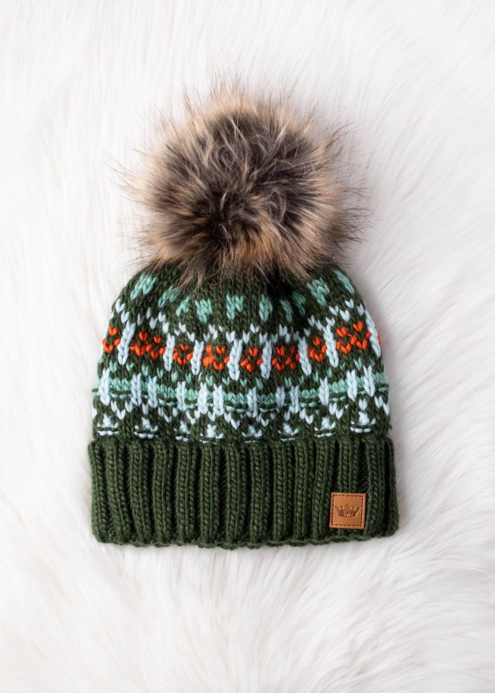 Olive, Lt. Blue, Mint & Orange Patterned Pom Hat