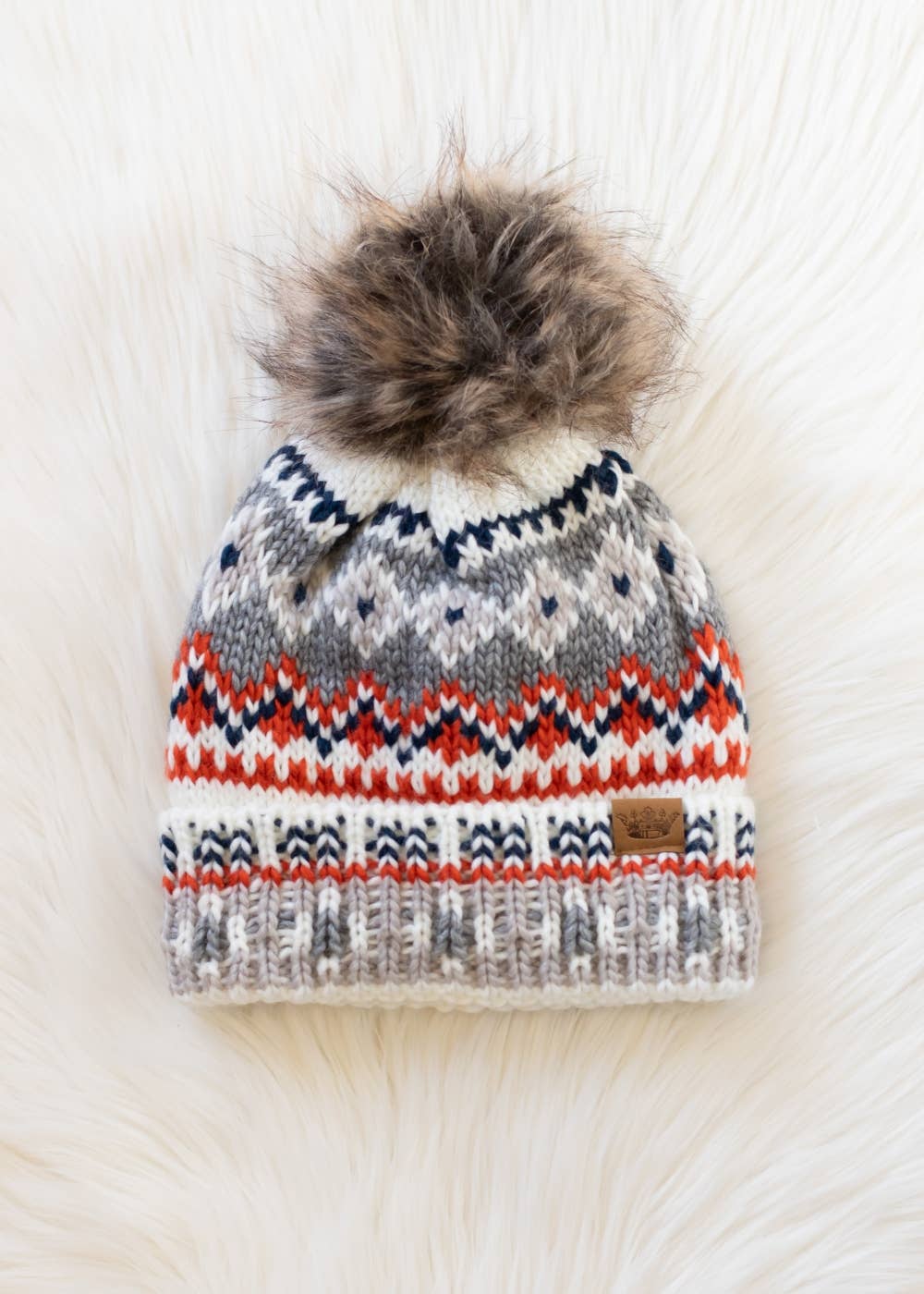 White, Navy & Orange Patterned Pom Hat