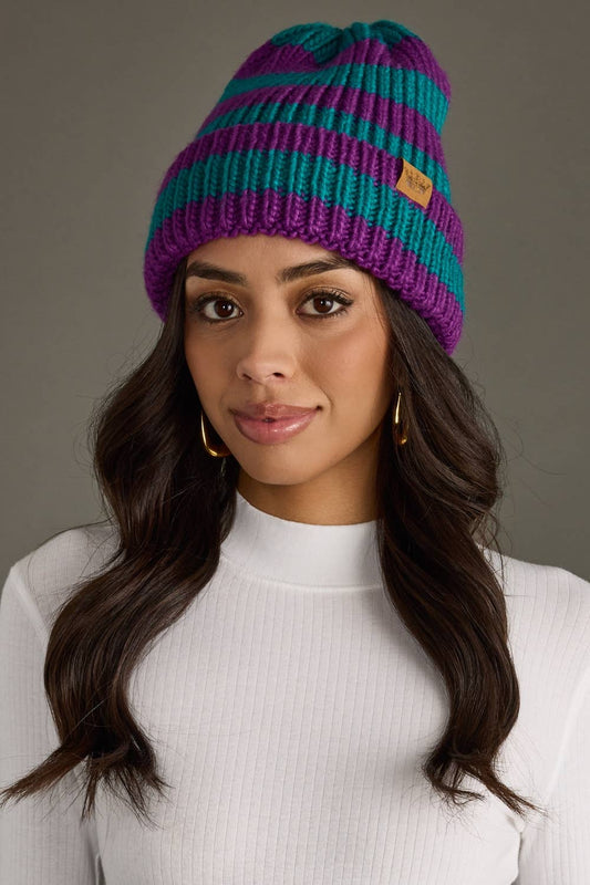 Teal & Purple Striped Knit Beanie