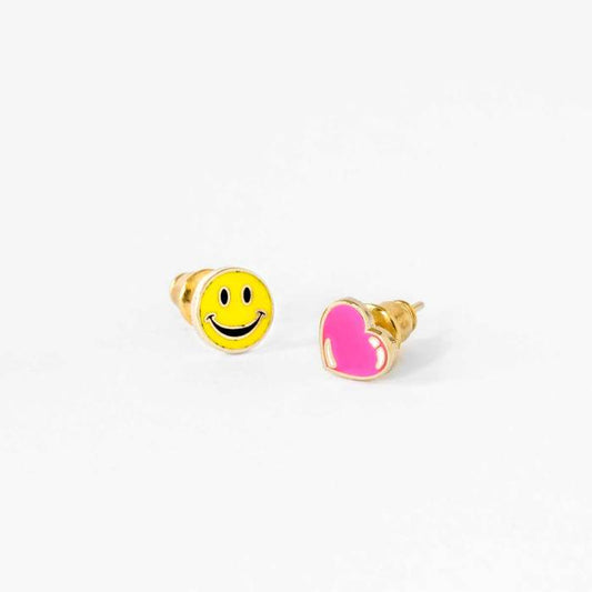 Happy Face & Heart Earrings - Gold