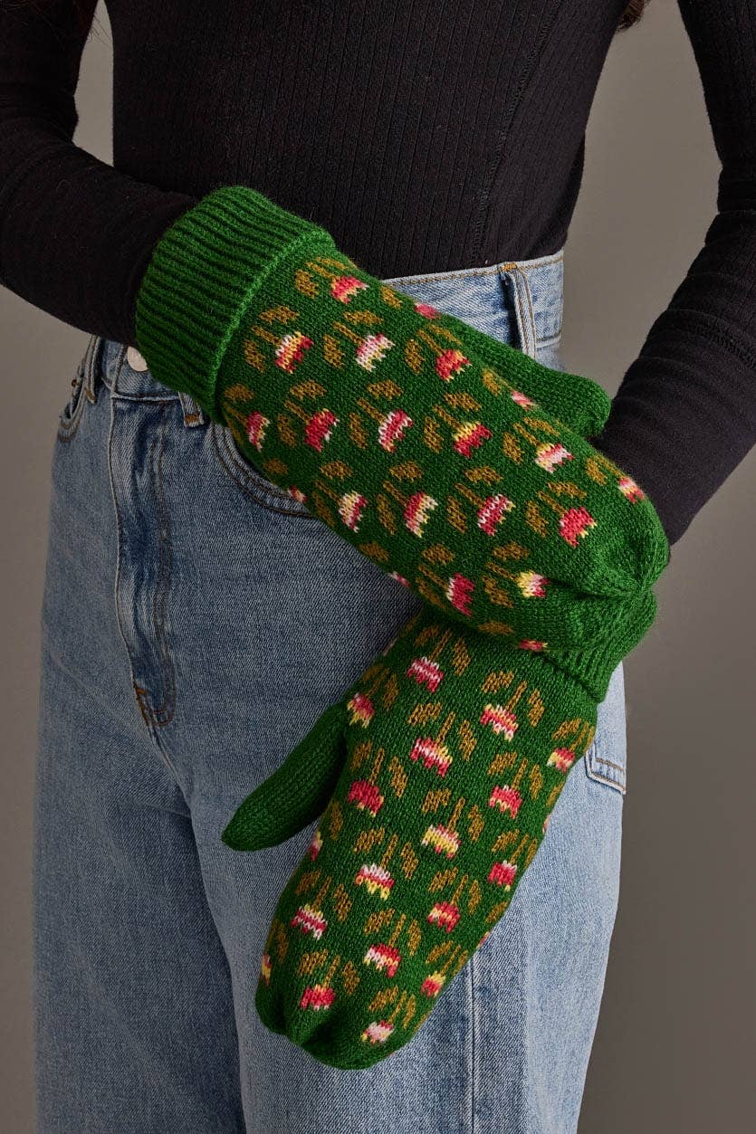 Green Flower Mittens